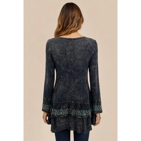 Black Acid Washed Embroidered Tiered Hem Tunic | Whimsigoth Boho Dark Academia M - Picture 7 of 11